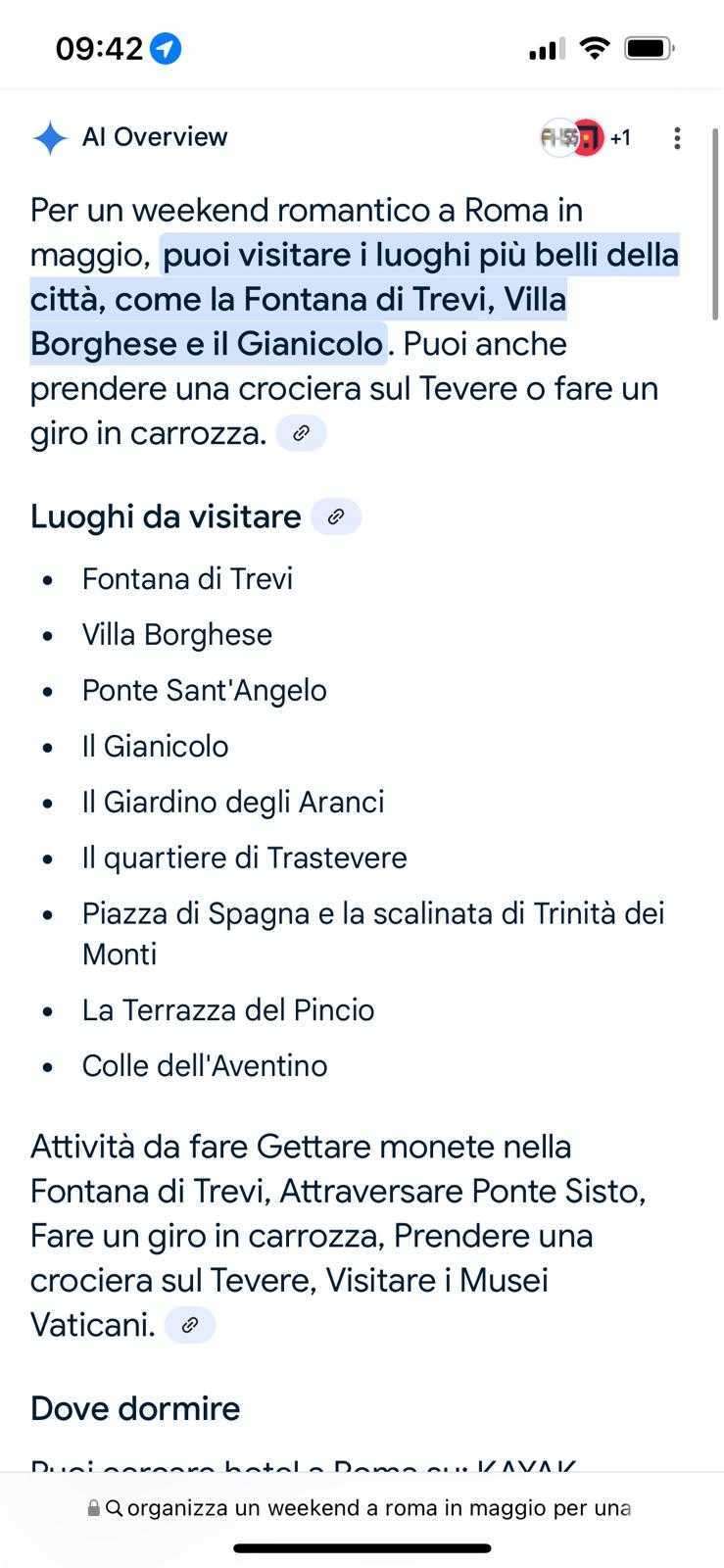 Schermata esempio di Google AI Overview con risultati personalizzati per la ricerca di un hotel a Roma per weekend coppia maggio