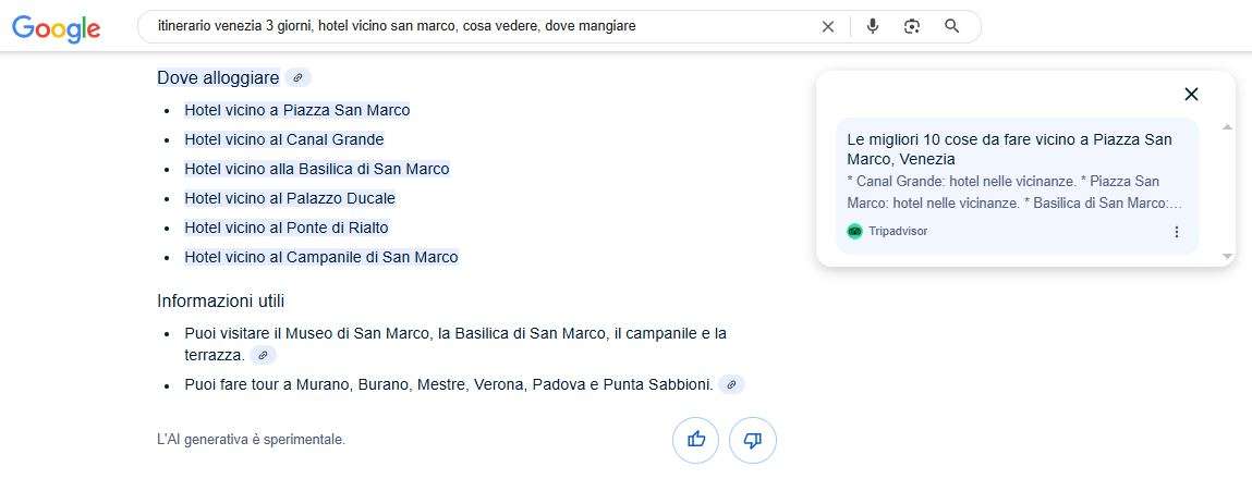 Schermata esempio di Google AI Overview con risultati personalizzati per la ricerca di un hotel