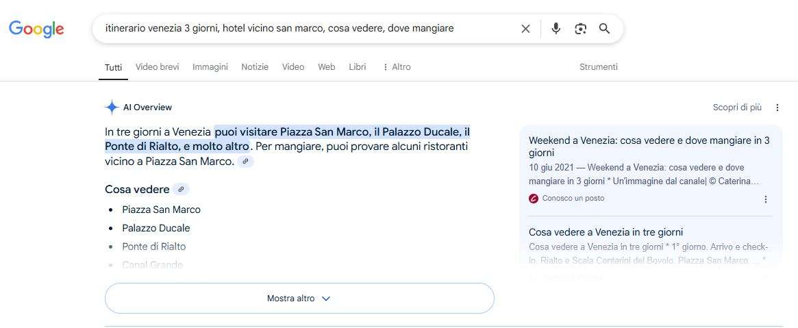 Schermata esempio di Google AI Overview con risultati personalizzati per la ricerca di un hotel