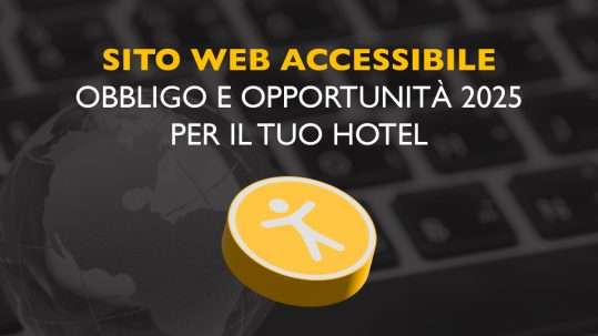 Immagine di copertina articolo su siti web hotel accessibili con titolo e simbolo di accessibilità su sfondo tastiera