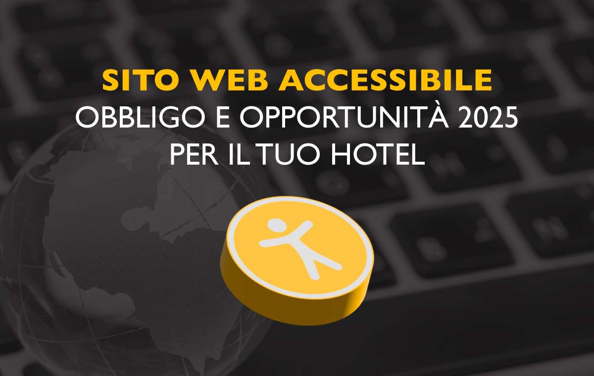Immagine di copertina articolo su siti web hotel accessibili con titolo e simbolo di accessibilità su sfondo tastiera
